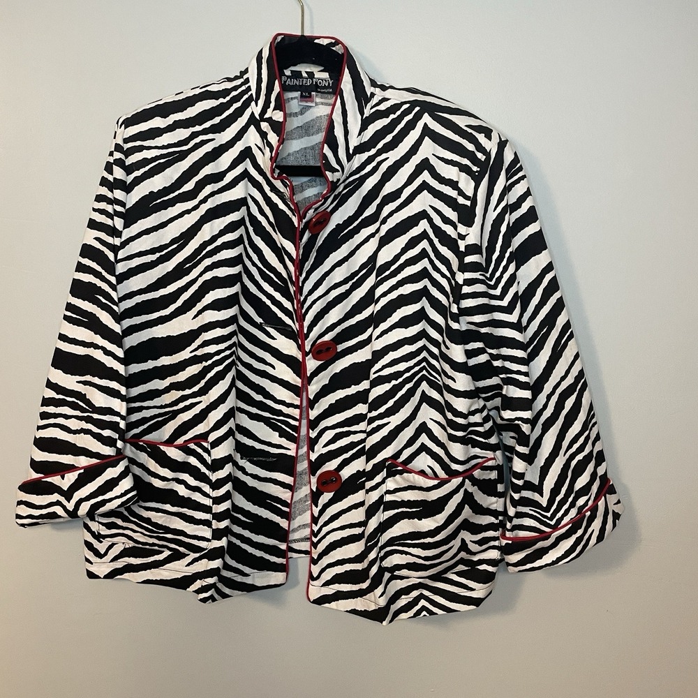 Vintage Painted Pony Jacket Zebra Print Red Button USA Women's Size‎ XL Art EUC
